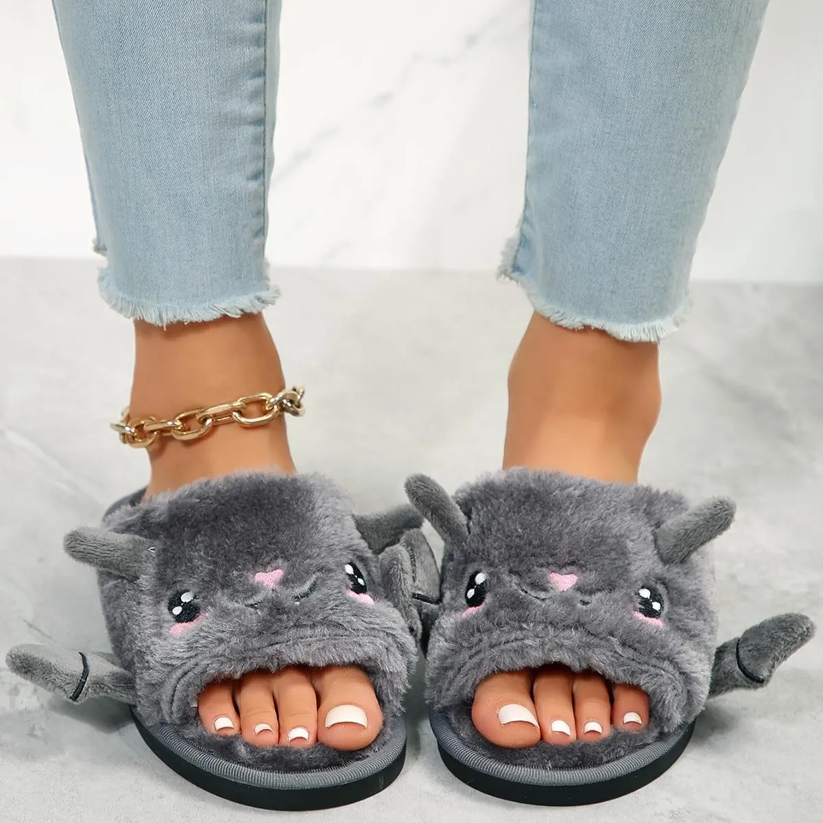 Zureto Halloween Pumpkin Slippers, Spooky Bat Slippers, Adults Fuzzy Slippers Soft Plush Cozy Open Toe Shoes