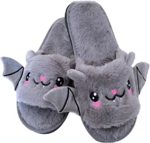 Zureto Halloween Pumpkin Slippers, Spooky Bat Slippers, Adults Fuzzy Slippers Soft Plush Cozy Open Toe Shoes