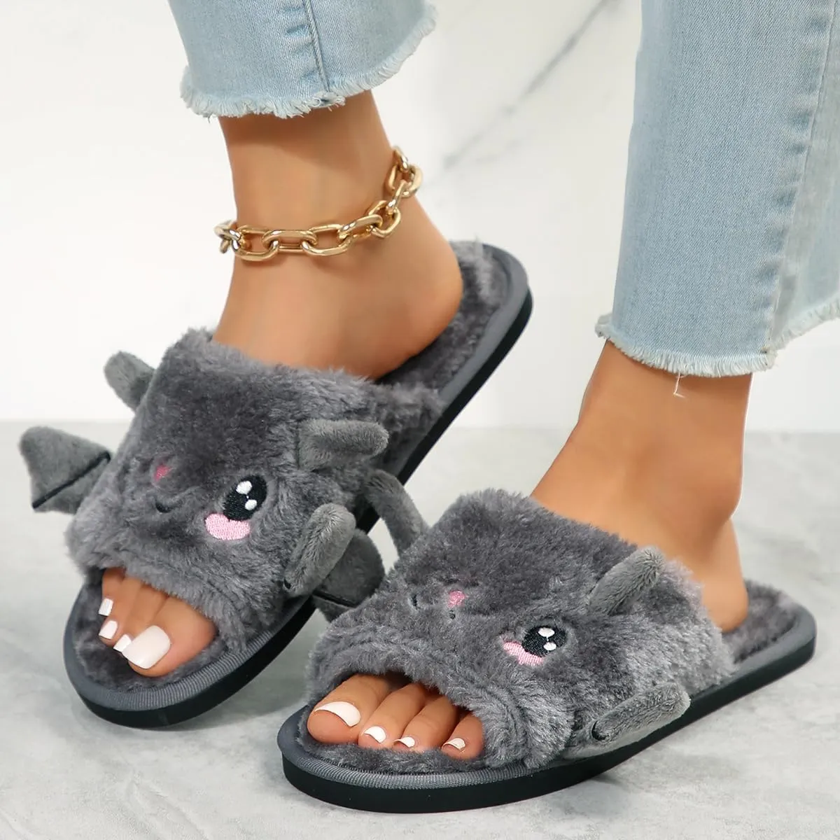 Zureto Halloween Pumpkin Slippers, Spooky Bat Slippers, Adults Fuzzy Slippers Soft Plush Cozy Open Toe Shoes