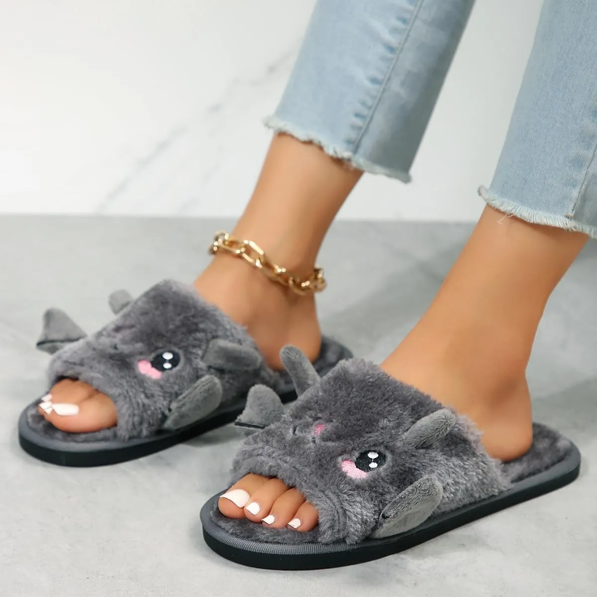 Zureto Halloween Pumpkin Slippers, Spooky Bat Slippers, Adults Fuzzy Slippers Soft Plush Cozy Open Toe Shoes